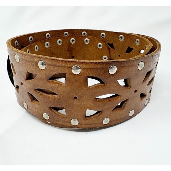 Chico's Sz M Wide Brown GENUINE LEATHER Studded Cowgirl Western Belt Perforated - Picture 8 of 9